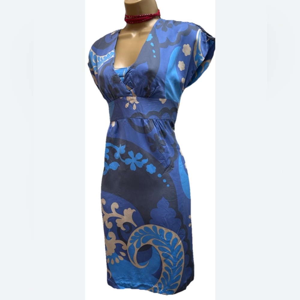 Boden Silk Empire Tea Length Dress 6R Blue Paisley Print Short Sleeve Surplice